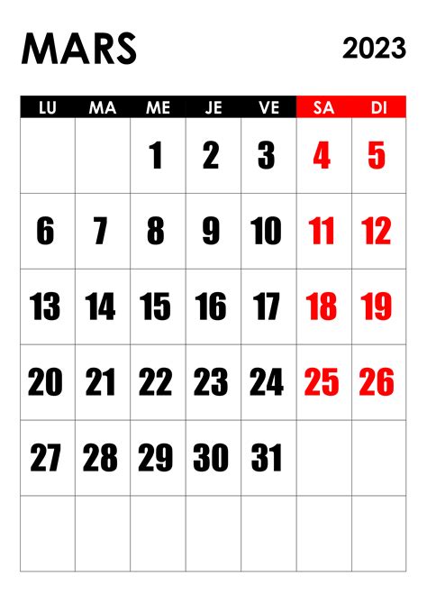 calendrier du mois de mars 2023